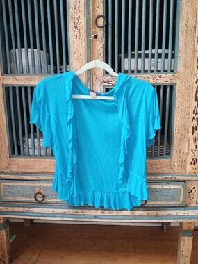 turquoise blue short-sleeve open-front cardigan